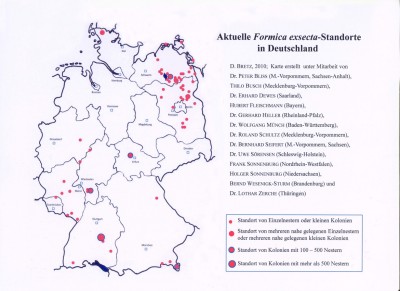 Verbreitungskarte von Dieter Bretz et al. mit aktuellen Formica exsecta-Standorten in Deutschland